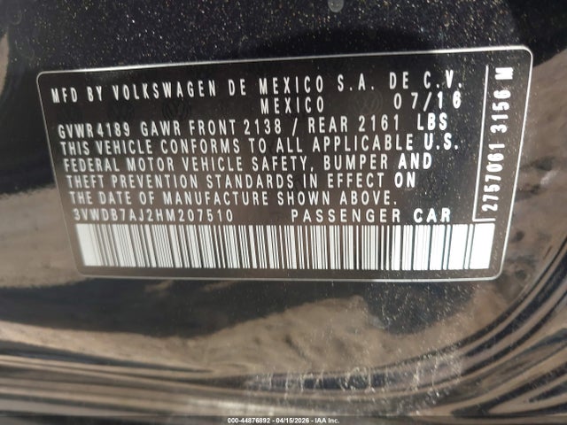 44876892 :رقم المزاد ، 3VWDB7AJ2HM207510 vin ، 2017 Volkswagen Jetta 1.4t Se مزاد بيع