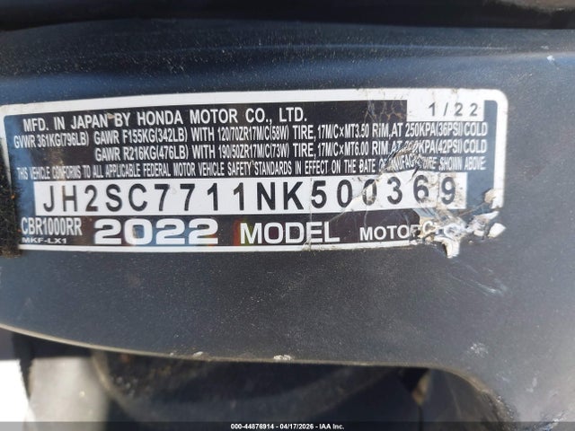 Aukcja sprzedaży 2022 Honda Cbr1000 Rr, vin: JH2SC7711NK500369, numer aukcji: 44876914