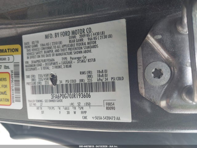 Продаж на аукціоні авто 2018 Ford Fusion S, vin: 3FA6P0G70JR193606, номер лоту: 44876919