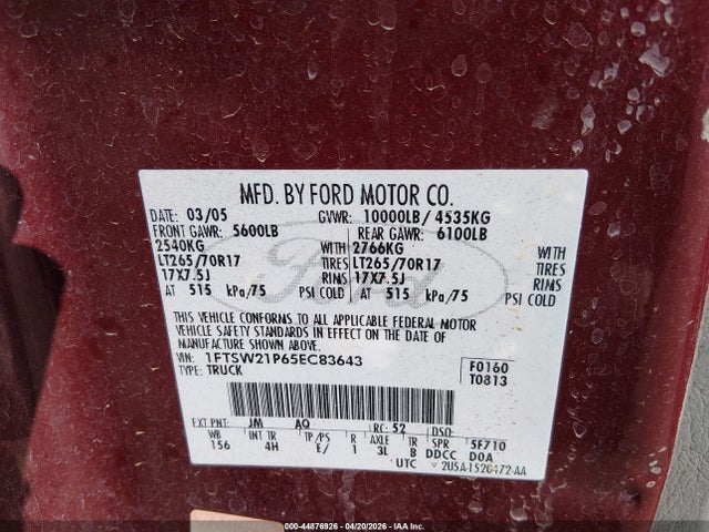 Продажа на аукционе авто 2005 Ford F-250 Lariat/xl/xlt, vin: 1FTSW21P65EC83643, номер лота: 44876926