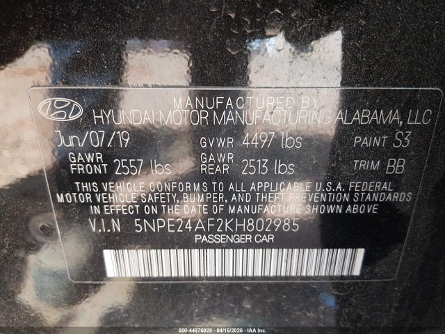 Продаж на аукціоні авто 2019 Hyundai Sonata Se, vin: 5NPE24AF2KH802985, номер лоту: 44876928