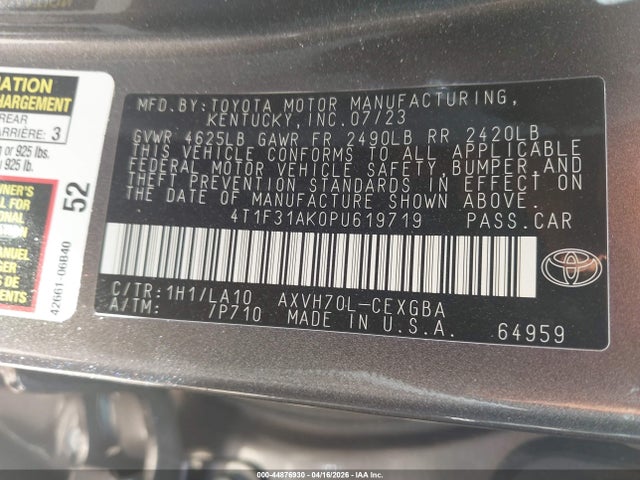 Aukcja sprzedaży 2023 Toyota Camry Xle Hybrid, vin: 4T1F31AK0PU619719, numer aukcji: 44876930