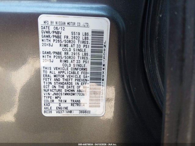 44876934 :رقم المزاد ، JN8CS1MWXDM170381 vin ، 2013 Infiniti Fx37 مزاد بيع