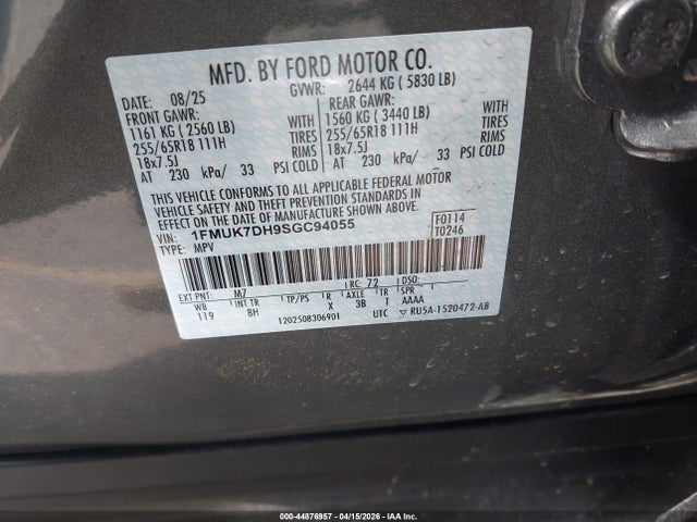 2025 Ford Explorer Active მანქანა იყიდება აუქციონზე, vin: 1FMUK7DH9SGC94055, აუქციონის ნომერი: 44876957