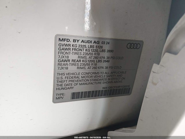2024 Audi Q3 Premium 45 Tfsi S Line Quattro Tiptronic მანქანა იყიდება აუქციონზე, vin: WA1DECF33R1128319, აუქციონის ნომერი: 44876975