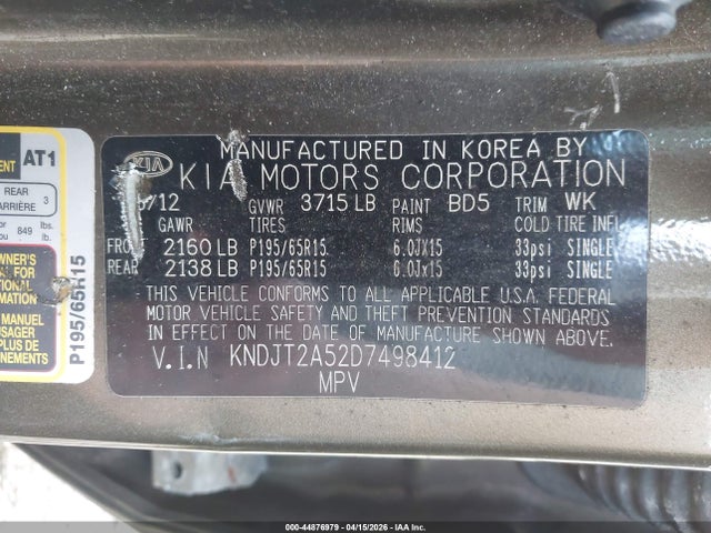 44876979 :رقم المزاد ، KNDJT2A52D7498412 vin ، 2013 Kia Soul مزاد بيع