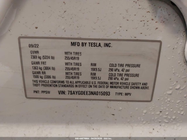Aukcja sprzedaży 2022 Tesla Model Y Long Range Dual Motor All-wheel Drive, vin: 7SAYGDEE3NA015093, numer aukcji: 44876984