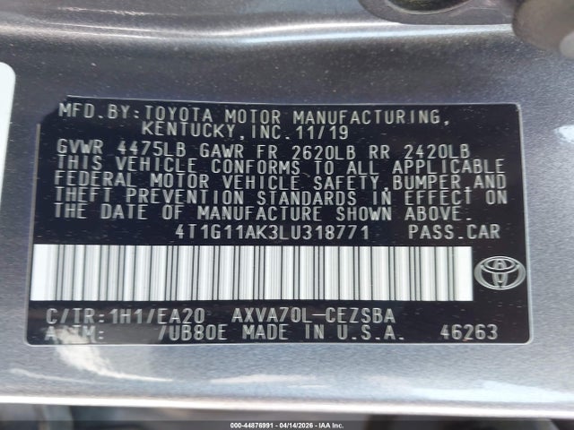 4T1G11AK3LU318771 Toyota CAMRY SE