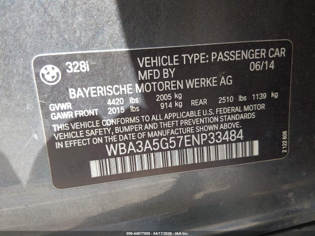 2014 Bmw 328i მანქანა იყიდება აუქციონზე, vin: WBA3A5G57ENP33484, აუქციონის ნომერი: 44877000