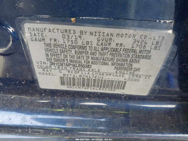 3N1CN7AP1KL855382 Nissan Versa 1.6 Sv