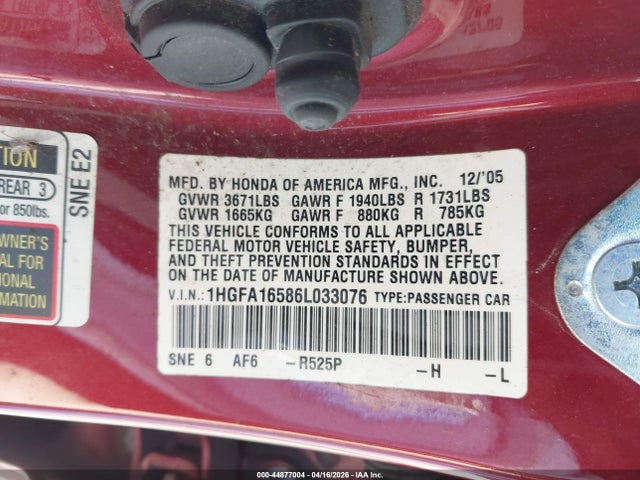 2006 Honda Civic Lx მანქანა იყიდება აუქციონზე, vin: 1HGFA16586L033076, აუქციონის ნომერი: 44877004