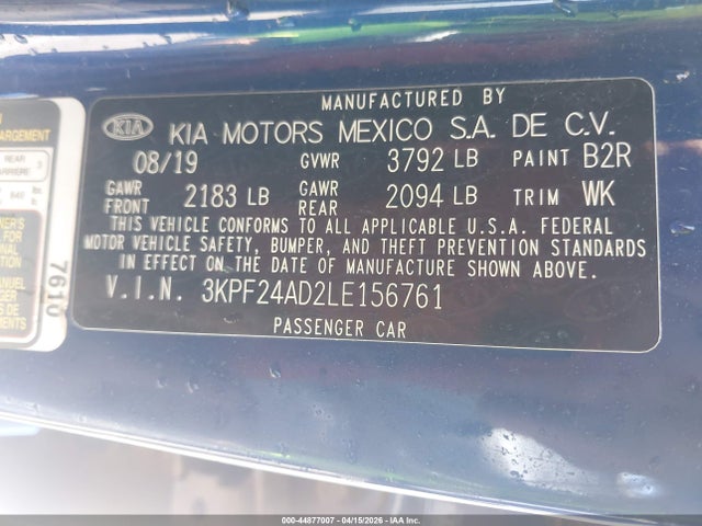 Aukcja sprzedaży 2020 Kia Forte Lxs, vin: 3KPF24AD2LE156761, numer aukcji: 44877007