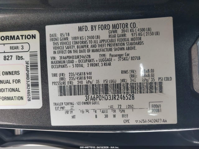 Ford FUSION SE 2018 3FA6P0HD3JR246528 Image 9