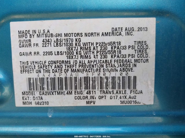 Продаж на аукціоні авто 2014 Mitsubishi Outlander Sport Es, vin: 4A4AP3AU7EE007100, номер лоту: 44877012