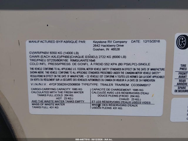 Продажа на аукционе авто 2017 Keystone Cougar Series M-359, vin: 4YDF3592XH2506659, номер лота: 44877018