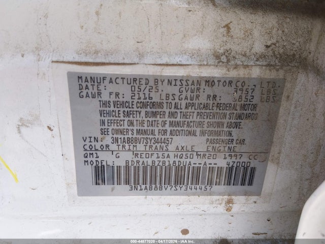 Aukcja sprzedaży 2025 Nissan Sentra S, vin: 3N1AB8BV7SY344457, numer aukcji: 44877020