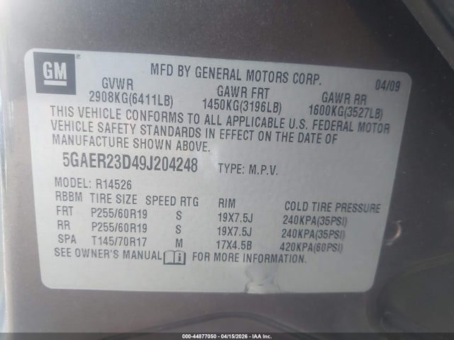 Продажа на аукционе авто 2009 Buick Enclave Cxl, vin: 5GAER23D49J204248, номер лота: 44877050