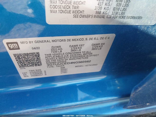 Продаж на аукціоні авто 2022 Gmc Sierra 1500 4wd  Short Box Elevation, vin: 3GTUUCED4NG560562, номер лоту: 44877051