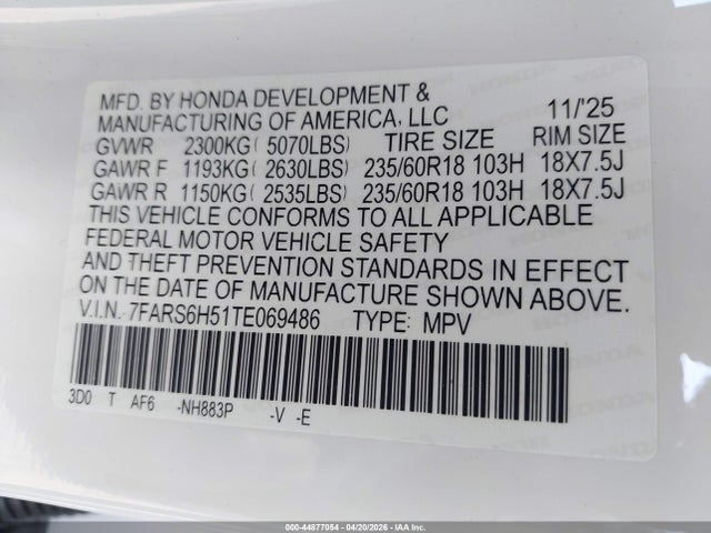 2026 Honda Cr-v Hybrid Awd Sport მანქანა იყიდება აუქციონზე, vin: 7FARS6H51TE069486, აუქციონის ნომერი: 44877054