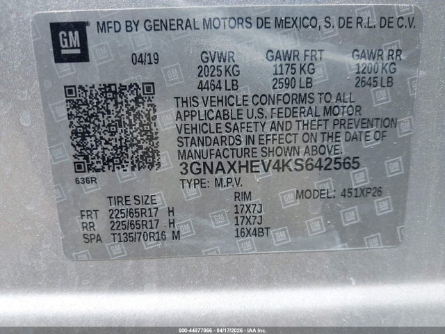 44877066 :رقم المزاد ، 3GNAXHEV4KS642565 vin ، 2019 Chevrolet Equinox Ls مزاد بيع