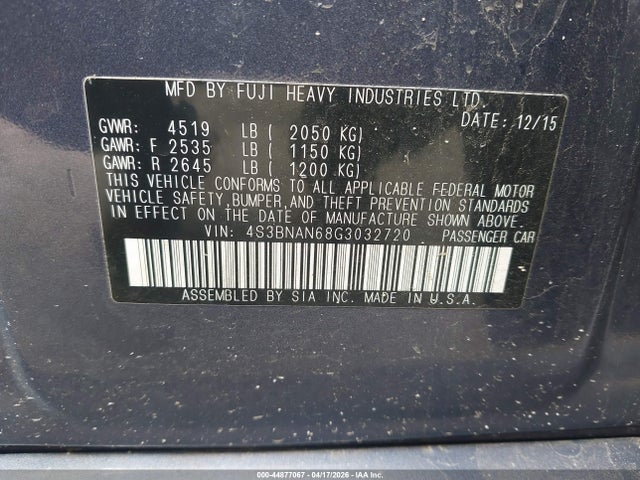 Aukcja sprzedaży 2016 Subaru Legacy 2.5i Limited, vin: 4S3BNAN68G3032720, numer aukcji: 44877067