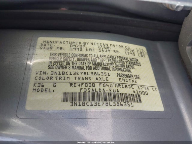44877093 :رقم المزاد ، 3N1BC13E78L386351 vin ، 2008 Nissan Versa 1.8s مزاد بيع