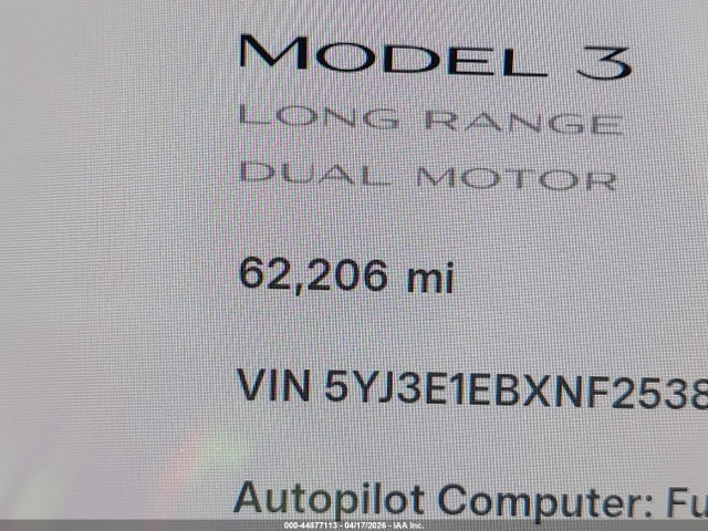 Aukcja sprzedaży 2022 Tesla Model 3 Long Range Dual Motor All-wheel Drive, vin: 5YJ3E1EBXNF253821, numer aukcji: 44877113