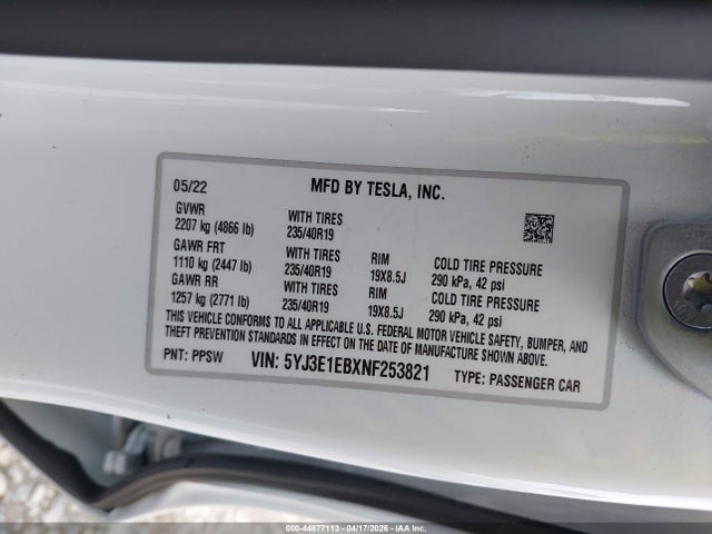 Aukcja sprzedaży 2022 Tesla Model 3 Long Range Dual Motor All-wheel Drive, vin: 5YJ3E1EBXNF253821, numer aukcji: 44877113