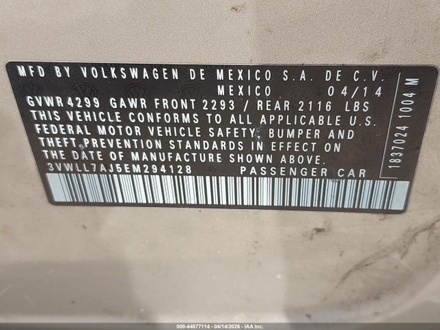 Продажа на аукционе авто 2014 Volkswagen Jetta 2.0l Tdi, vin: 3VWLL7AJ5EM294128, номер лота: 44877114