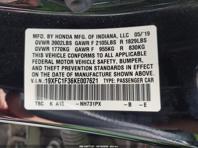 44877127 :رقم المزاد ، 19XFC1F36KE007621 vin ، 2019 Honda Civic Ex مزاد بيع