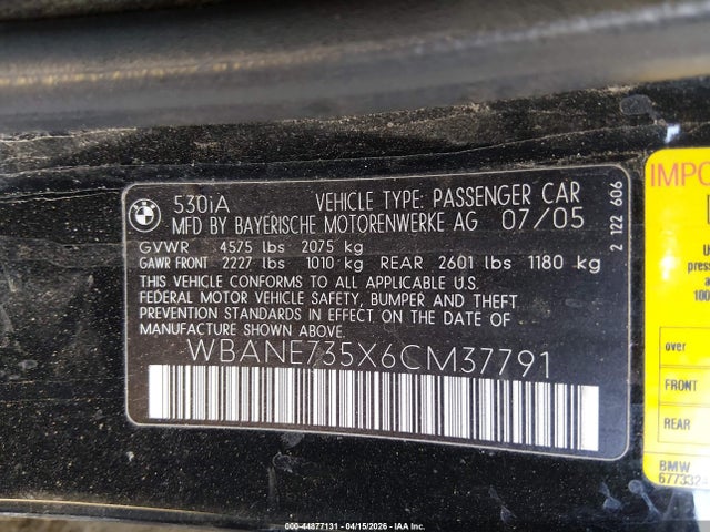Aukcja sprzedaży 2006 Bmw 530i, vin: WBANE735X6CM37791, numer aukcji: 44877131