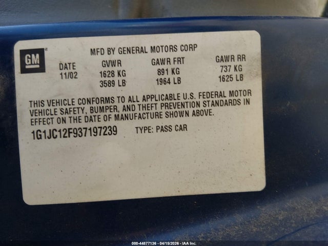 Продажа на аукционе авто 2003 Chevrolet Cavalier, vin: 1G1JC12F937197239, номер лота: 44877136