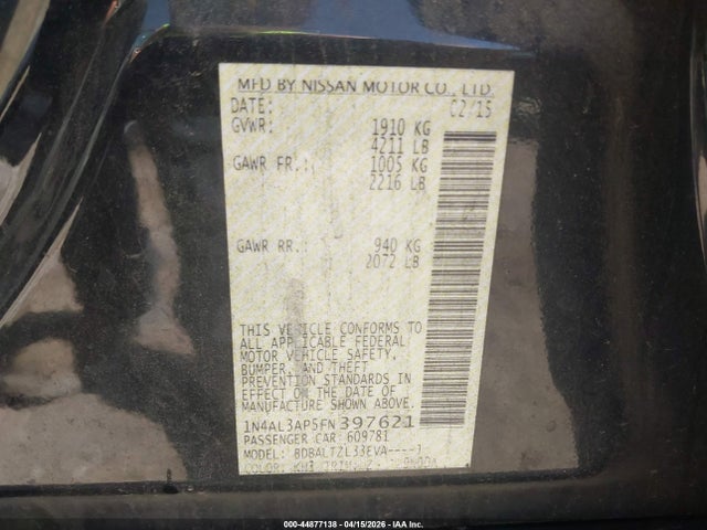 Aukcja sprzedaży 2015 Nissan Altima 2.5 Sl, vin: 1N4AL3AP5FN397621, numer aukcji: 44877138