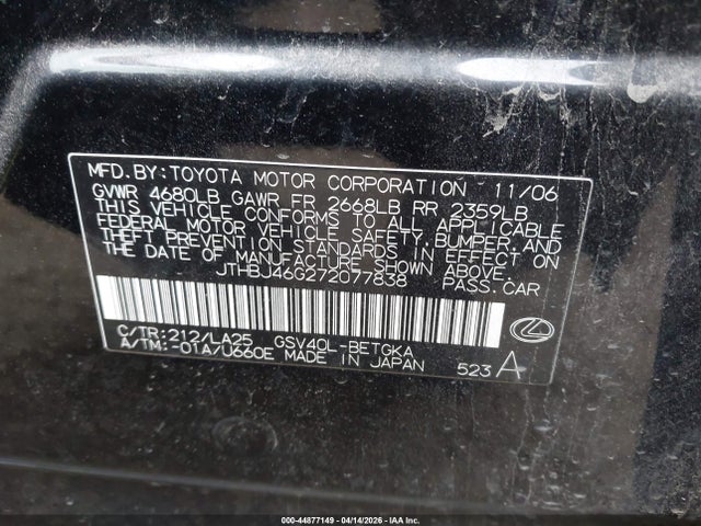 Aukcja sprzedaży 2007 Lexus Es 350, vin: JTHBJ46G272077838, numer aukcji: 44877149