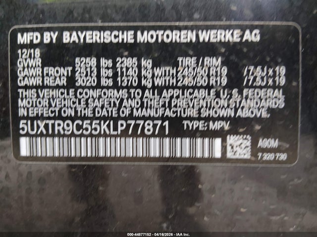 Продаж на аукціоні авто 2019 Bmw X3 Xdrive30i, vin: 5UXTR9C55KLP77871, номер лоту: 44877152