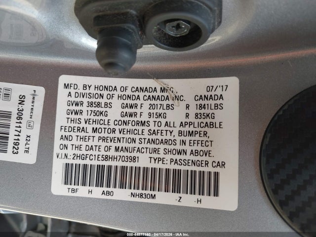 Продаж на аукціоні авто 2017 Honda Civic Si, vin: 2HGFC1E58HH703981, номер лоту: 44877160