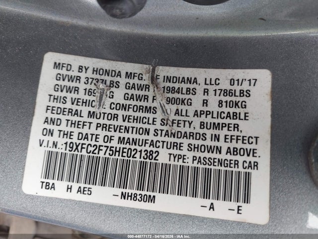 2017 Honda Civic Ex მანქანა იყიდება აუქციონზე, vin: 19XFC2F75HE021382, აუქციონის ნომერი: 44877172