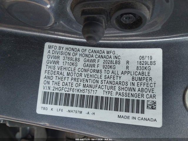 Aukcja sprzedaży 2019 Honda Civic Lx, vin: 2HGFC2F61KH575717, numer aukcji: 44877175