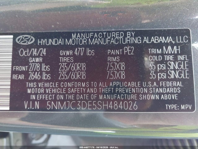2025 Hyundai Tucson Sel Convenience მანქანა იყიდება აუქციონზე, vin: 5NMJC3DE5SH484026, აუქციონის ნომერი: 44877176