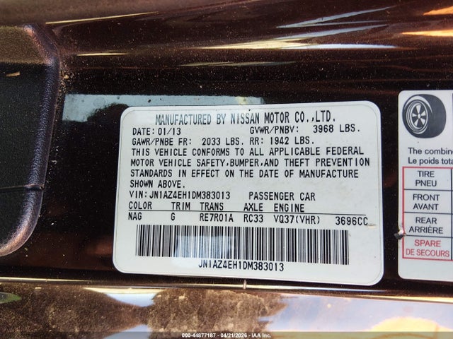 2013 Nissan 370z Touring მანქანა იყიდება აუქციონზე, vin: JN1AZ4EH1DM383013, აუქციონის ნომერი: 44877187