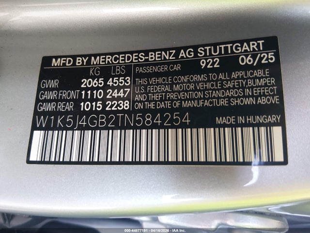 44877191 :رقم المزاد ، W1K5J4GB2TN584254 vin ، 2026 Mercedes-benz Cla 250 Coupe مزاد بيع