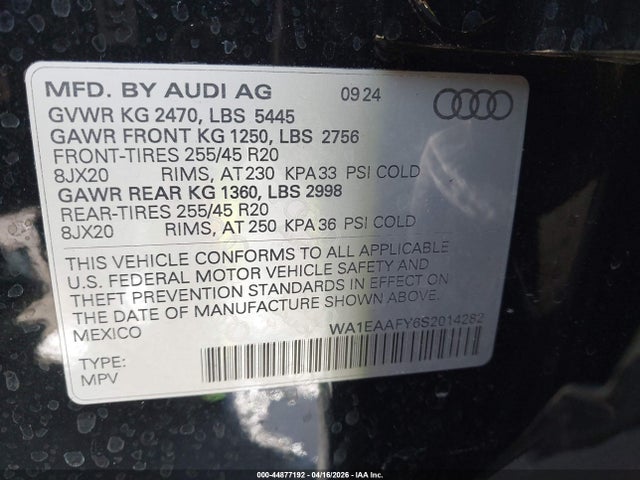 Aukcja sprzedaży 2025 Audi Q5 Premium Plus 45 Tfsi S Line Quattro S Tronic, vin: WA1EAAFY6S2014282, numer aukcji: 44877192