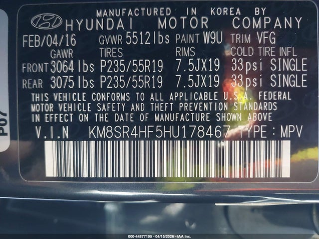KM8SR4HF5HU178467 Hyundai Santa Fe Limited Ultimate