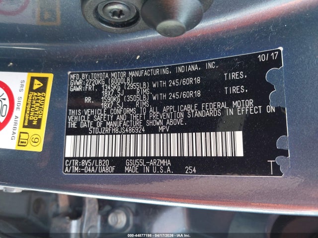 Aukcja sprzedaży 2018 Toyota Highlander Xle, vin: 5TDJZRFH8JS486924, numer aukcji: 44877198