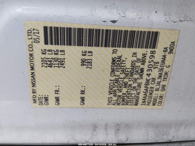 44877205 :رقم المزاد ، 1N4AA6AP8HC430598 vin ، 2017 Nissan Maxima 3.5 Sv مزاد بيع