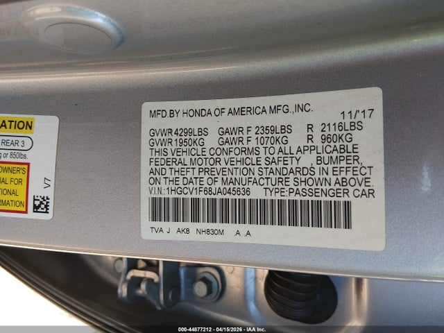 44877212 :رقم المزاد ، 1HGCV1F68JA045636 vin ، 2018 Honda Accord Ex-l مزاد بيع