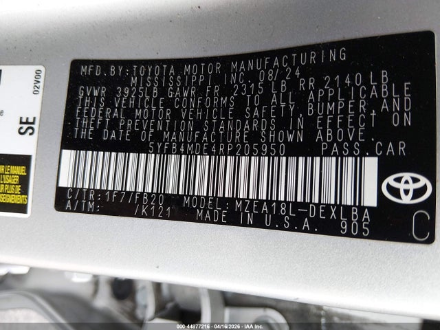 44877216 :رقم المزاد ، 5YFB4MDE4RP205950 vin ، 2024 Toyota Corolla Le مزاد بيع
