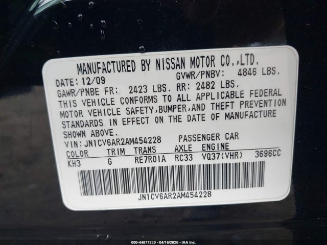 Aukcja sprzedaży 2010 Infiniti G37x, vin: JN1CV6AR2AM454228, numer aukcji: 44877230