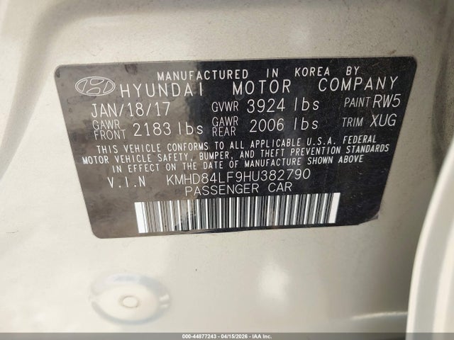KMHD84LF9HU382790 Hyundai ELANTRA SE