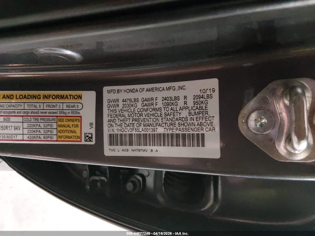 44877246 :رقم المزاد ، 1HGCV2F55LA001397 vin ، 2020 Honda Accord Ex-l 2.0t مزاد بيع